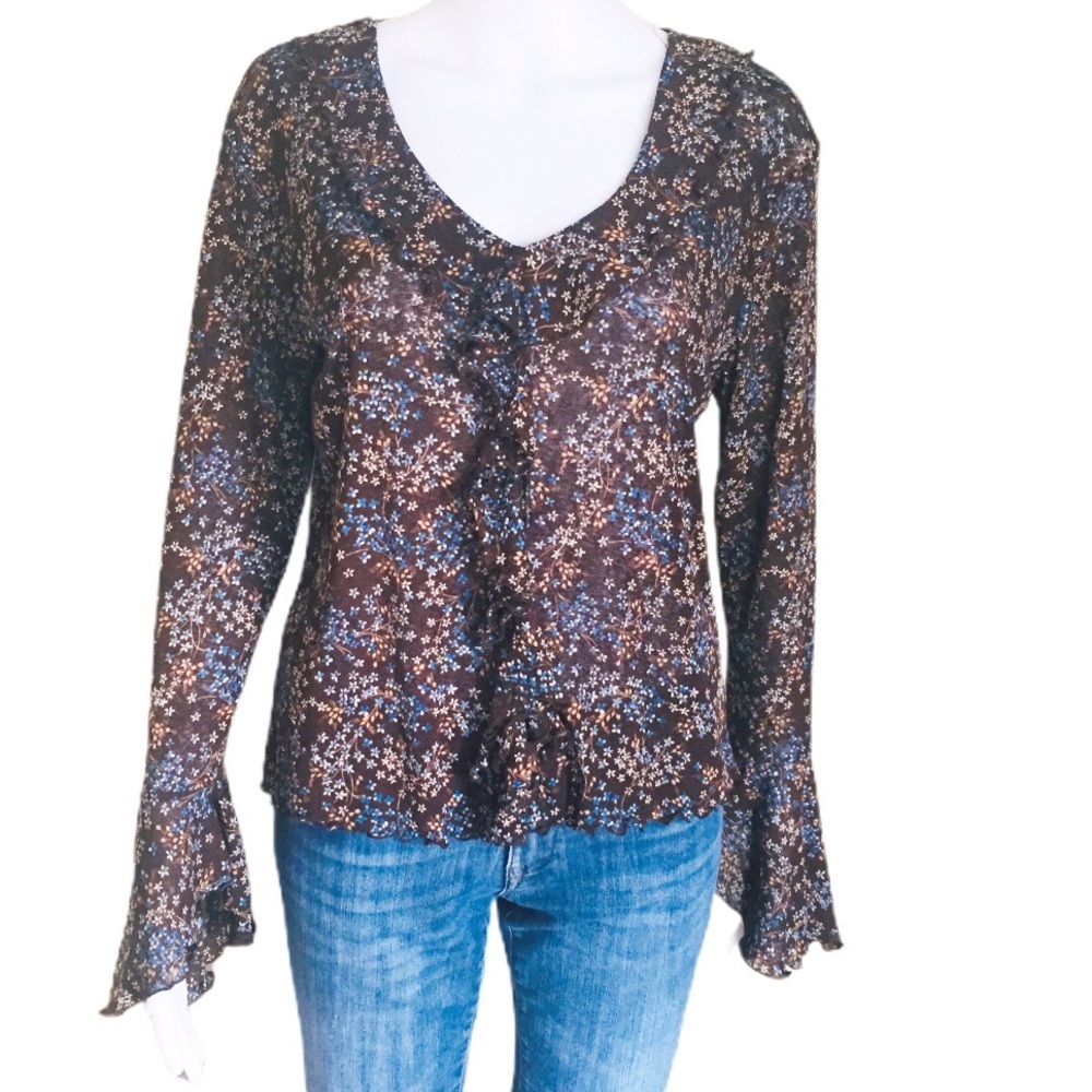 TATTOO Brown Ditsy Floral Flutter Detail Bell Sleeve Blouse Medium Boho 70s
